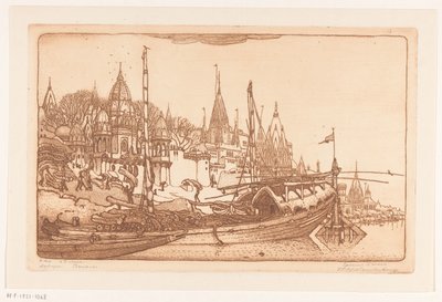 Skib med brænde på bredden af ​​Ganges i Benares Skib med brænde, Benares (original titel) Skibe, Benares (titel på objekt) af Wijnand Otto Jan Nieuwenkamp (signed by artist)