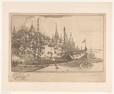 Skib med brænde på bredden af ​​Ganges i Benares Skib med brænde, Benares (original titel) af Wijnand Otto Jan Nieuwenkamp (signed by artist)