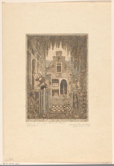 Kvinde i traditionel kjole banker på en hoveddør i Edam Ved hoveddøren (original titel) Indgang til mit hus i Edam (titel på objekt) af Wijnand Otto Jan Nieuwenkamp (signed by artist)
