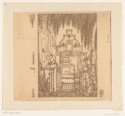 Kvinde i traditionel kjole banker på en hoveddør i Edam Ved hoveddøren (original titel) af Wijnand Otto Jan Nieuwenkamp (signed by artist)