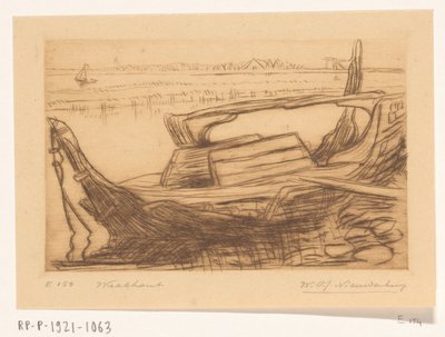 Vrag af en botter i havnen i Monnickendam Vragdele (original titel) af Wijnand Otto Jan Nieuwenkamp (signed by artist)