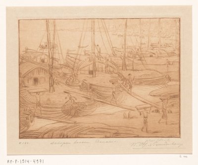 Fortøjede skibe på bredden af ​​Ganges i Benares Lossning af skibe (original titel) af Wijnand Otto Jan Nieuwenkamp