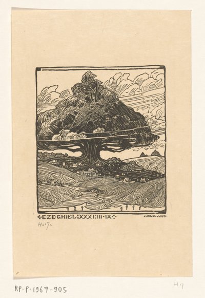 Byer under et cedertræ i et bjerglandskab Dream Face of Ezekiel (original titel) af Wijnand Otto Jan Nieuwenkamp