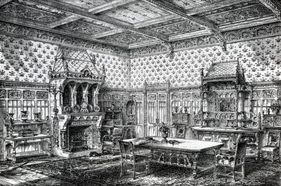 Design til en gotisk spisestue, udgivet i The House-Furnisher & Decorator, 1. september 1872 af Wilberforce Haddon