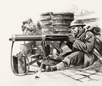 Britisk maskingeværskytte venter på tyskerne uden for Dunkirk (gouache på papir) af Wilf (20th century) Hardy