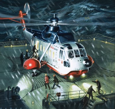 Oliefelternes farlige mænd, en S-61N-helikopter fra British Airways af Wilf (20th century) Hardy