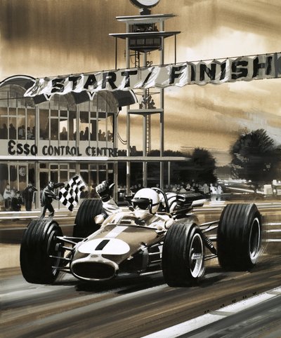Jack Brabham giver tommelfingeren op, da han vinder det første canadiske Grand Prix nogensinde. af Wilf (20th century) Hardy