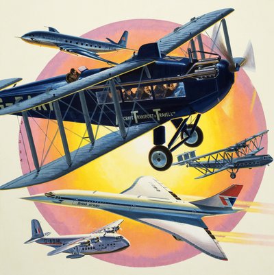 Montage af passagerfly, herunder Concorde (gouache på papir) af Wilf (20th century) Hardy