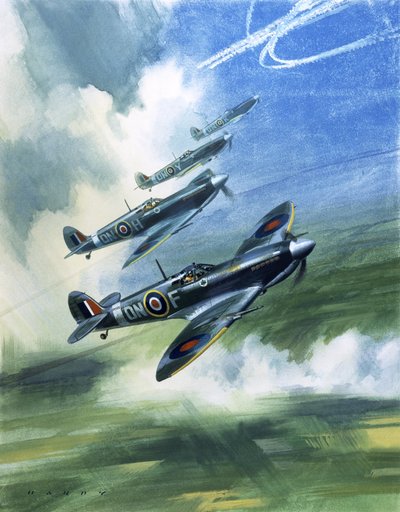 Patruljerende fly fra 416 Squadron, Royal Canadian Air Force, Spitfire Mark 9s (gouache på papir) af Wilf (20th century) Hardy