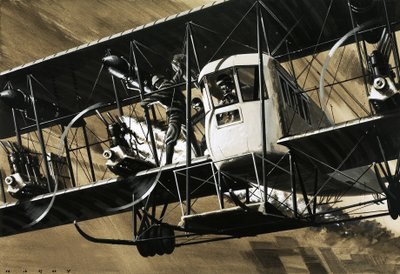 To besætningsmedlemmer mellem ledninger og stivere på et Ilia Mourometz II-bombefly, der slukker en motorbrand. af Wilf (20th century) Hardy