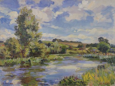 Et solbeskinnet flodlandskab af Wilfred Gabriel de Glehn