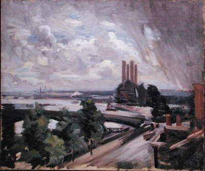 Battersea Bridge fra Cheyne Walk, Chelsea (olie på lærred) af Wilfred Gabriel de Glehn