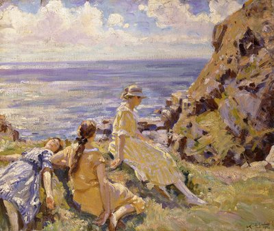 The Artists Nieces on the Cliffs at Frying Pan, Cadgwith, Cornwall af Wilfred Gabriel de Glehn