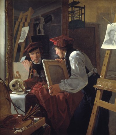En ung kunstner (Ditlev Blunck) undersøger en skitse i et spejl af Wilhelm Bendz