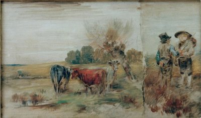 Dobbelt billede: køer i græsgange, to landmænd taler af Wilhelm Busch