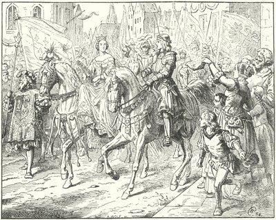 Ærkehertug Maximilian, den fremtidige hellige romerske kejser Maximilian I, med sin brud, Maria af Bourgogne, i Gent af Wilhelm Camphausen