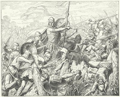 Arnulf af Kärnten stormer det normanniske forsvar ved Dyle-floden, 891 (gravering) af Wilhelm Camphausen