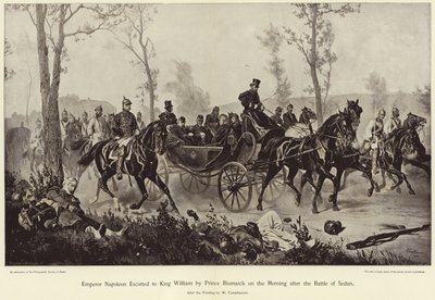 Kejser Napoleon eskorteret til kong William af prins Bismarck om morgenen efter slaget ved Sedan af Wilhelm Camphausen