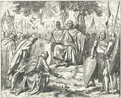 Underkastelse af de saksiske fyrster til den hellige romerske kejser Henrik IV ved Spira efter deres nederlag i slaget ved Langensalza af Wilhelm Camphausen