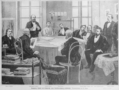 Kronprins Rudolf ved et redaktionsmøde (træsnit) af Wilhelm Gause