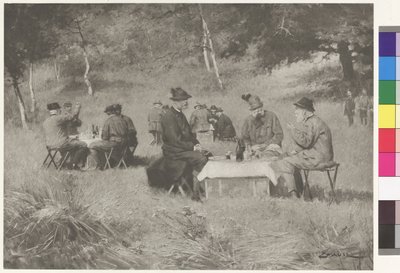 Jagtselskab - kejser Franz Joseph til bords med prins Leopold af Bayern og storhertug Ferdinand IV fra Toscana af Wilhelm Gause