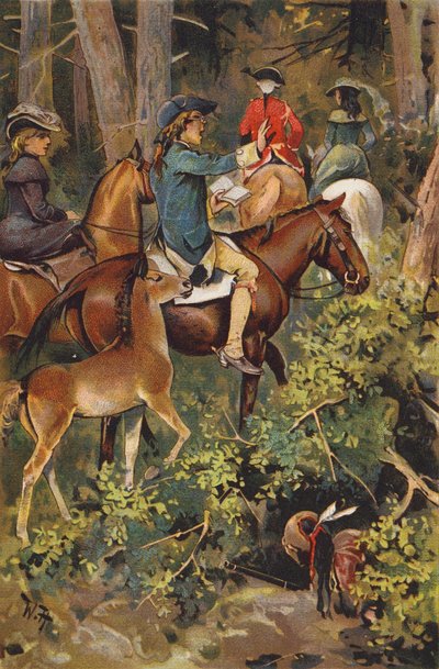 Scene fra The Last of the Mohicans, af James Fenimore Cooper (farve litho) af Wilhelm Hoffmann
