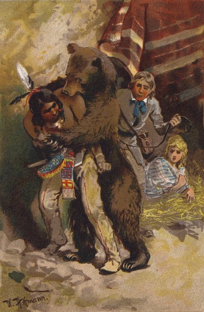 Scene fra The Last of the Mohicans, af James Fenimore Cooper (farve litho) af Wilhelm Hoffmann