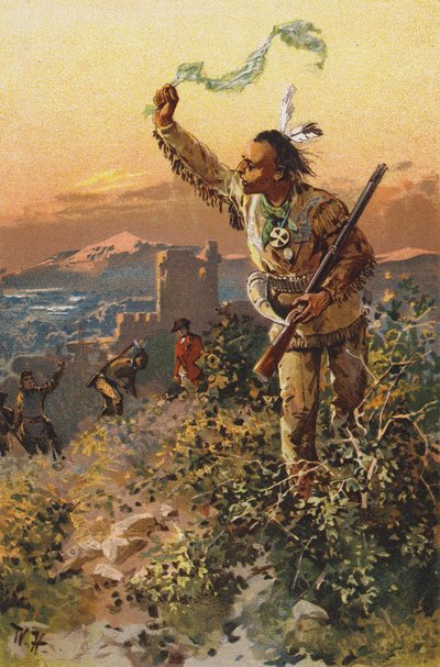 Scene fra The Last of the Mohicans, af James Fenimore Cooper (farve litho) af Wilhelm Hoffmann