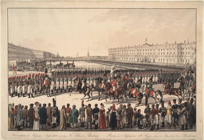 En gennemgang af det russiske infanteri på Slotspladsen i Skt. Petersborg, 1809-1813 af Wilhelm Kobell Ritter von