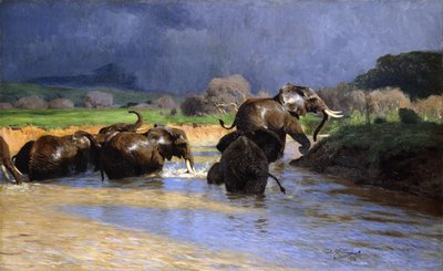Elephants Bathing; Badende Elefanten, 1908 af Wilhelm Kuhnert