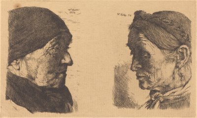 Portræt af en gammel bondekone, i profil til højre, og bondekvinde med lukkede øjne af Wilhelm Maria Hubertus Leibl