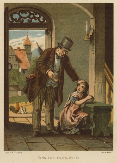 Far trøstede sin datter efter at hun havde lidt konsekvenserne af at drille en hund (farve litho) af Wilhelm Ludwig Heinrich Claudius
