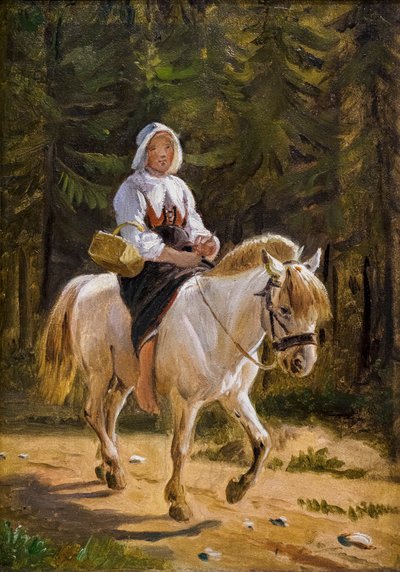 En kvinde fra Dalecarlia rider barfodet på en hvid hest af Wilhelm Marstrand