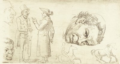 Andet prøveblad i stylografi med munkehoved, heste m.m. af Wilhelm Marstrand