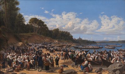 Kirkegængere ankommer med båd til sognekirken i Leksand ved Siljan-søen, Sverige af Wilhelm Marstrand
