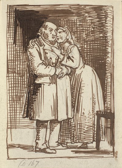 Den sleske kone En kone taler indtrængende til sin gamle ægtemand og har armene om hans hals af Wilhelm Marstrand