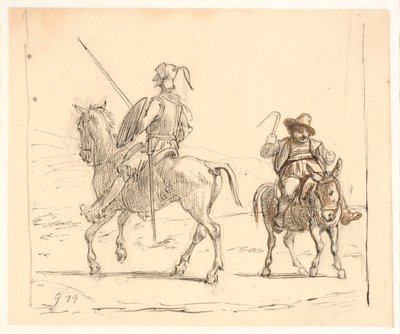 Don Quixote rider mod venstre, Sancho Pansa mod højre af Wilhelm Marstrand
