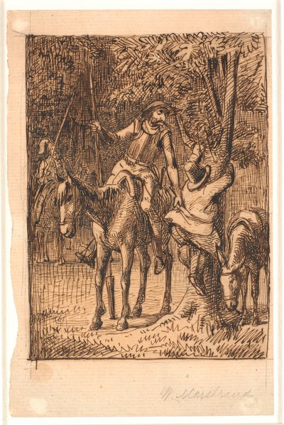 Før kampen med spejlridderen hjælper Don Quixote Sancho Pansa op i et træ af Wilhelm Marstrand