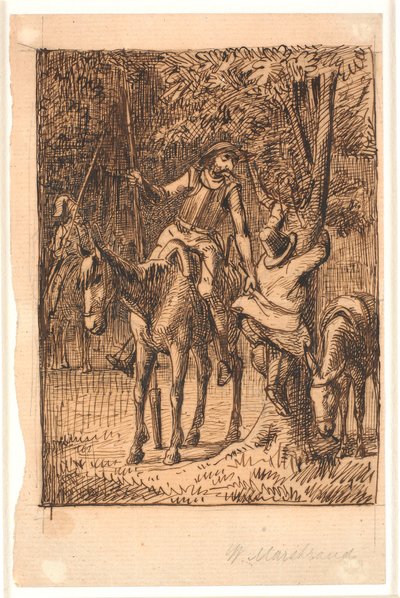 Før kampen med spejlridderen hjælper Don Quixote Sancho Pansa op i et træ af Wilhelm Marstrand