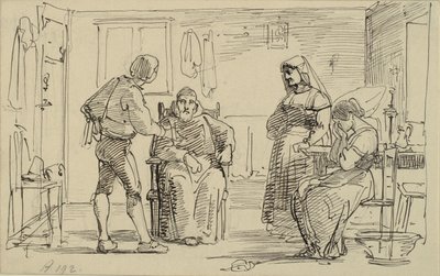 Interiør hvor en ung mand forklarer en siddende munk noget, t.h. grædende pige og gammel kone af Wilhelm Marstrand