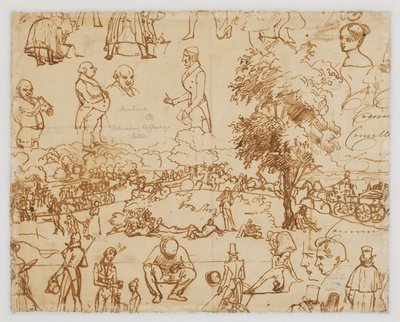 Landschaft mit Pferdewagen und zahlreichen Figurenskizzen af Wilhelm Marstrand