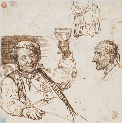 Mand med glas, mandshoved samt to mænd i samtale af Wilhelm Marstrand