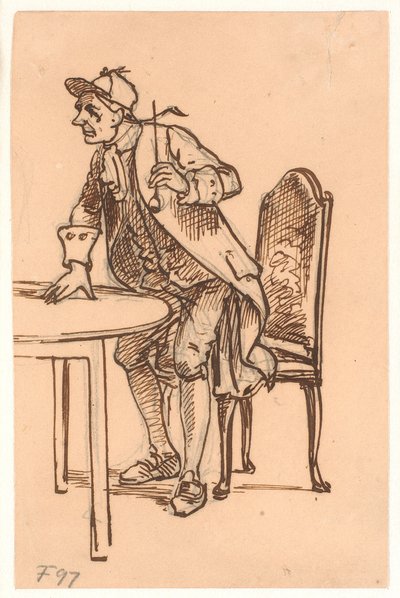 Mand med kasket og pibe rejser sig (diskuterende?) ved et bord af Wilhelm Marstrand