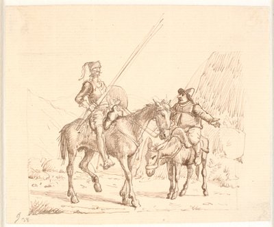 Sancho på æslet forklarer Don Quixote noget af Wilhelm Marstrand