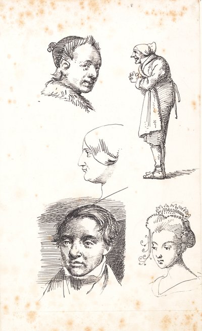 Studieblad med to mandshoveder, to kvindehoveder og en stående mand af Wilhelm Marstrand