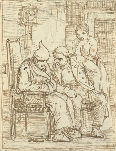 To mænd i samtale, den gamle t.v. med nathue. Desuden en kvinde af Wilhelm Marstrand