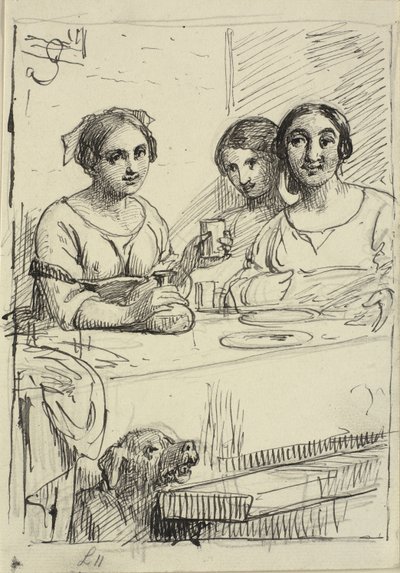 Tre piger ved et bord, under bordet en hund af Wilhelm Marstrand