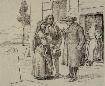 Uden for et hus formaner en præst et ungt ægtepar af Wilhelm Marstrand