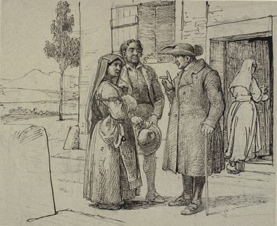 Uden for et hus formaner en præst et ungt ægtepar af Wilhelm Marstrand