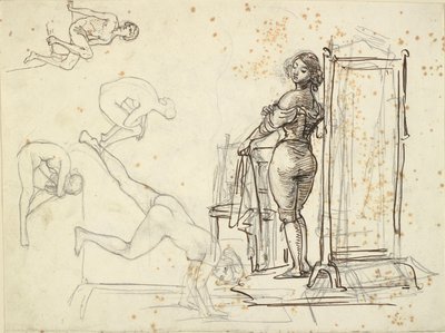Ung pige ved påklædningen og fire modelstudier af Wilhelm Marstrand